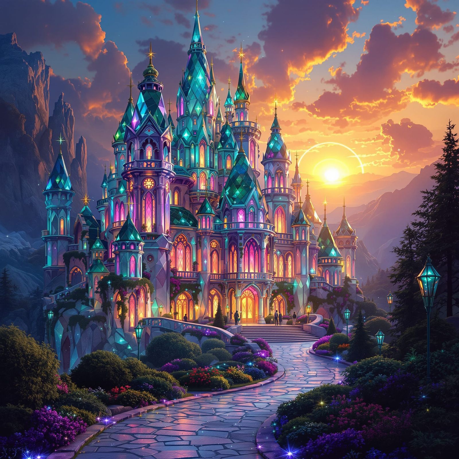 Gemstone Mansion at Dual Sunset in Digital Matte Painting St...