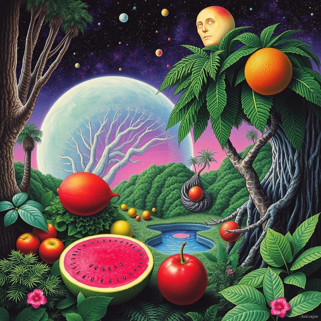 Surreal Fruitpunk Landscape with Mythical Creatures