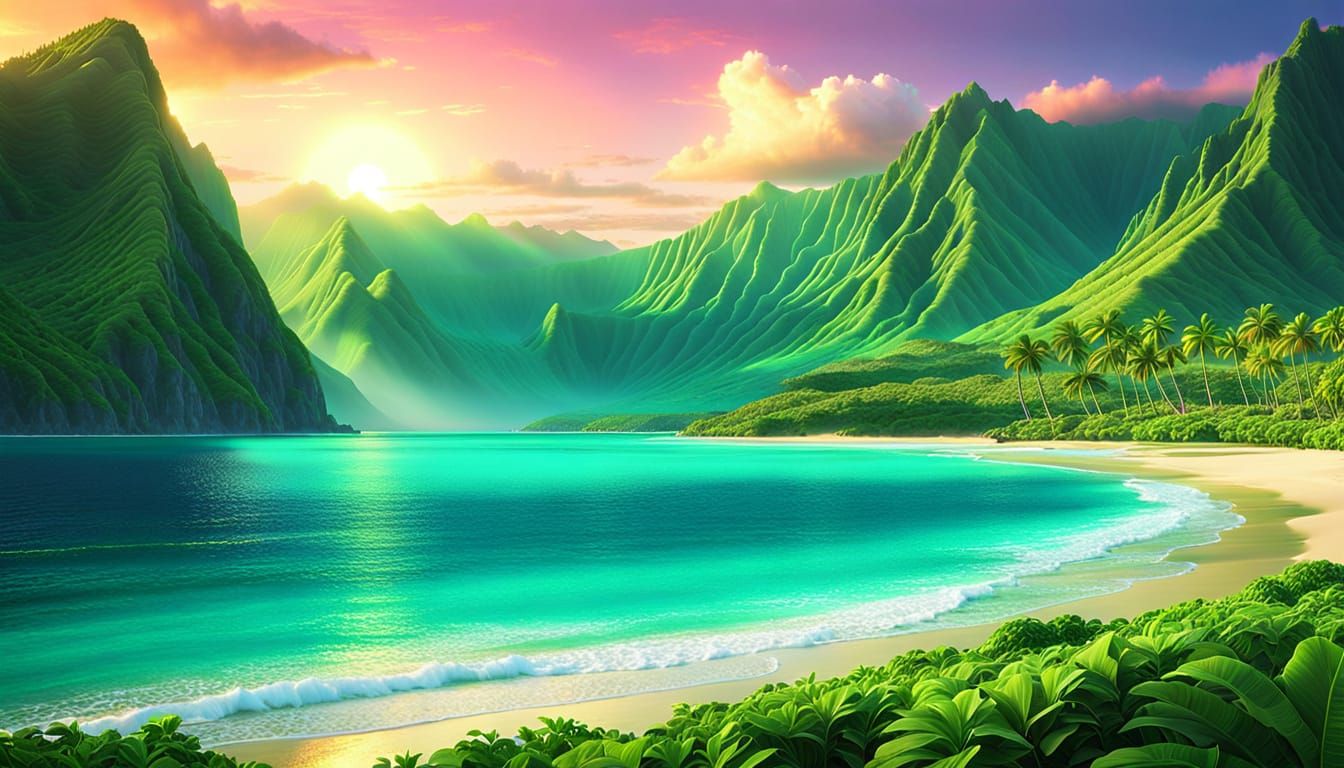 Tranquil Hawaiian Sunset Landscape Digital Painting