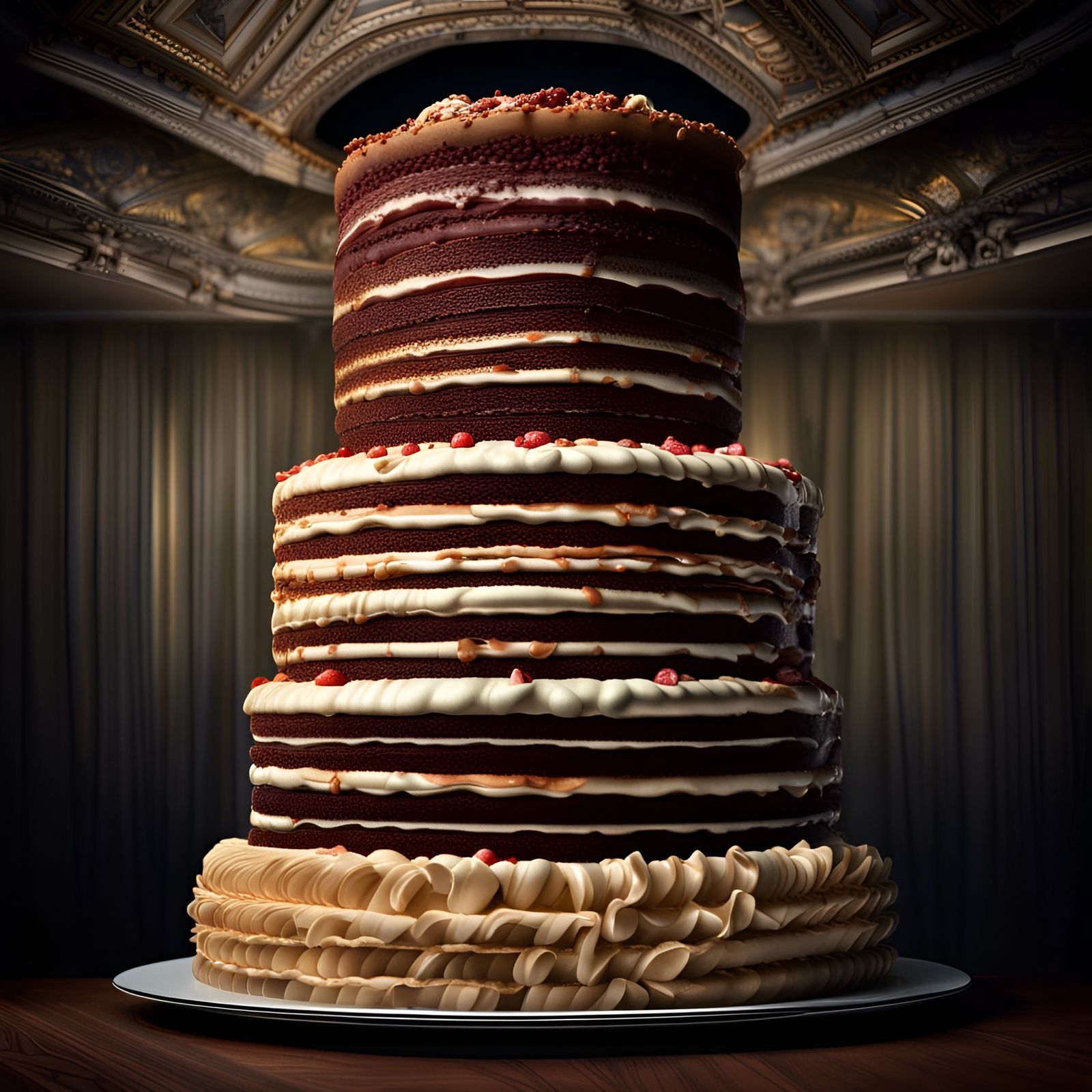 Hyperrealistic Forty Layer Cake Reaching Ceiling
