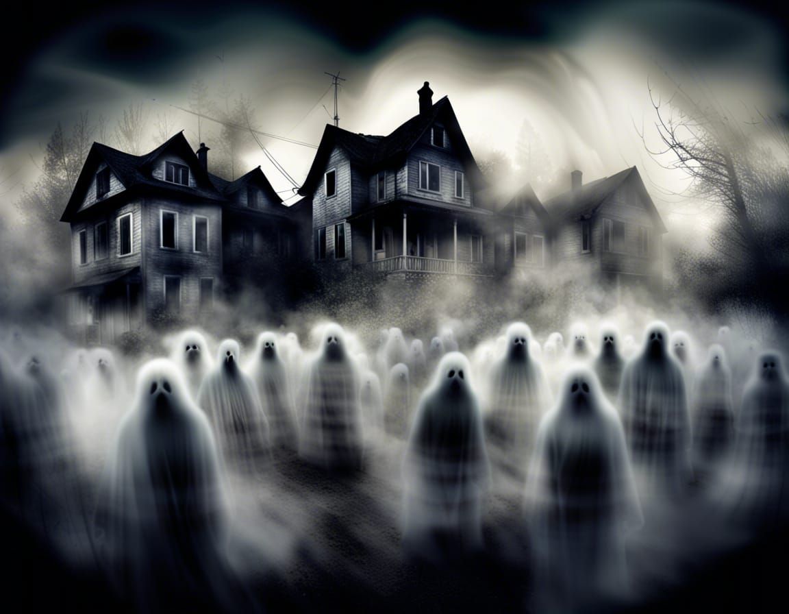 Haunted Village: Ghostly Horror in Dark Ink Swirls