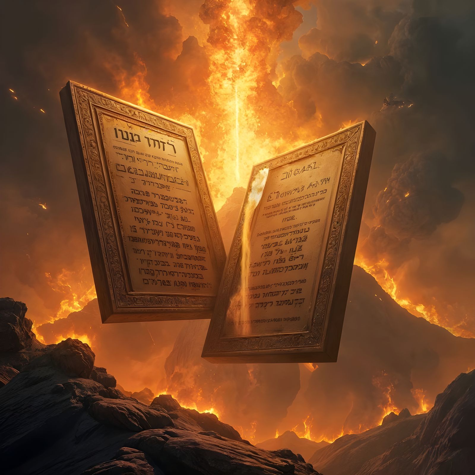 Dramatic Abstract Painting of Hebrew Tablets against Mount S...