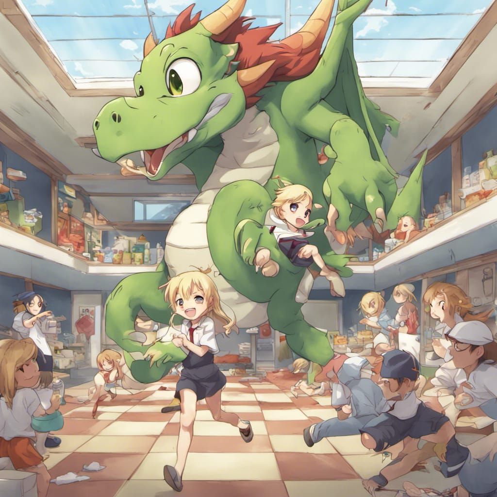 Exhausted Dragon Running a Daycare in Anime Style
