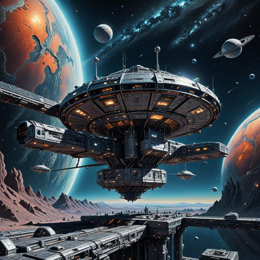 Chrome Space Station Orbiting Alien Planet in Mixed Media