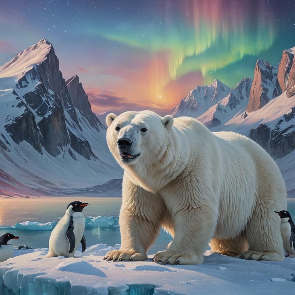 Baroque Surrealism: Polar Bear and Penguins Dreamscape