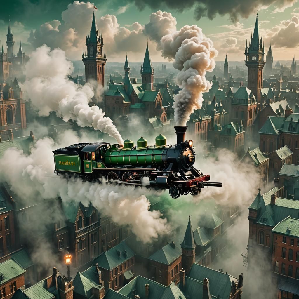 Flying Steam Locomotive in Victorian Cityscape