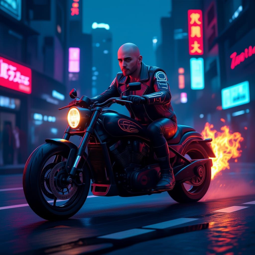 Cyberpunk Biker on Flaming Motorcycle in Neon City