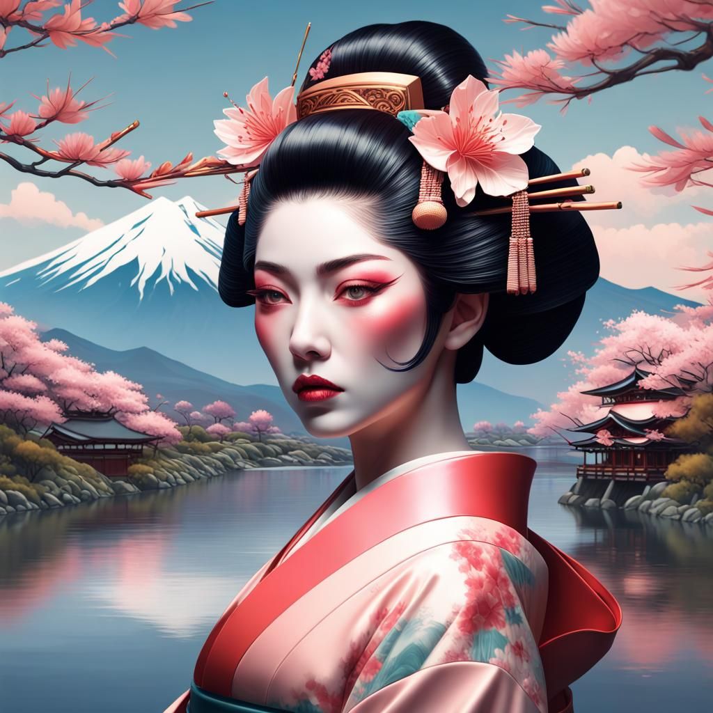 Geisha and Mount Fuji Double Exposure Portrait