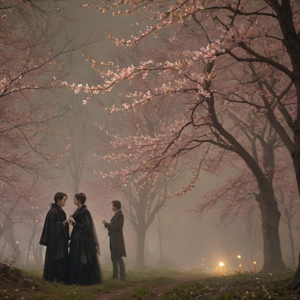 Vampire in Cherry Blossom Forest: Impressionist Style