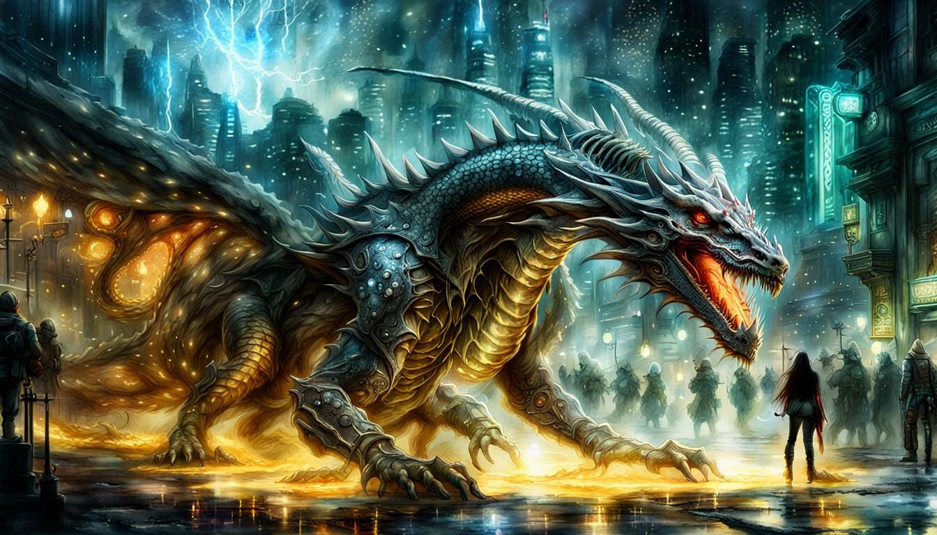 Cyberpunk Dragon in Art Nouveau Digital Watercolor