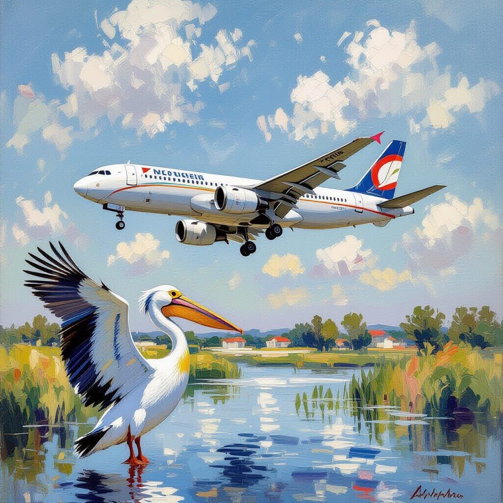 Impressionist Sky Scene: Jet and Pelican