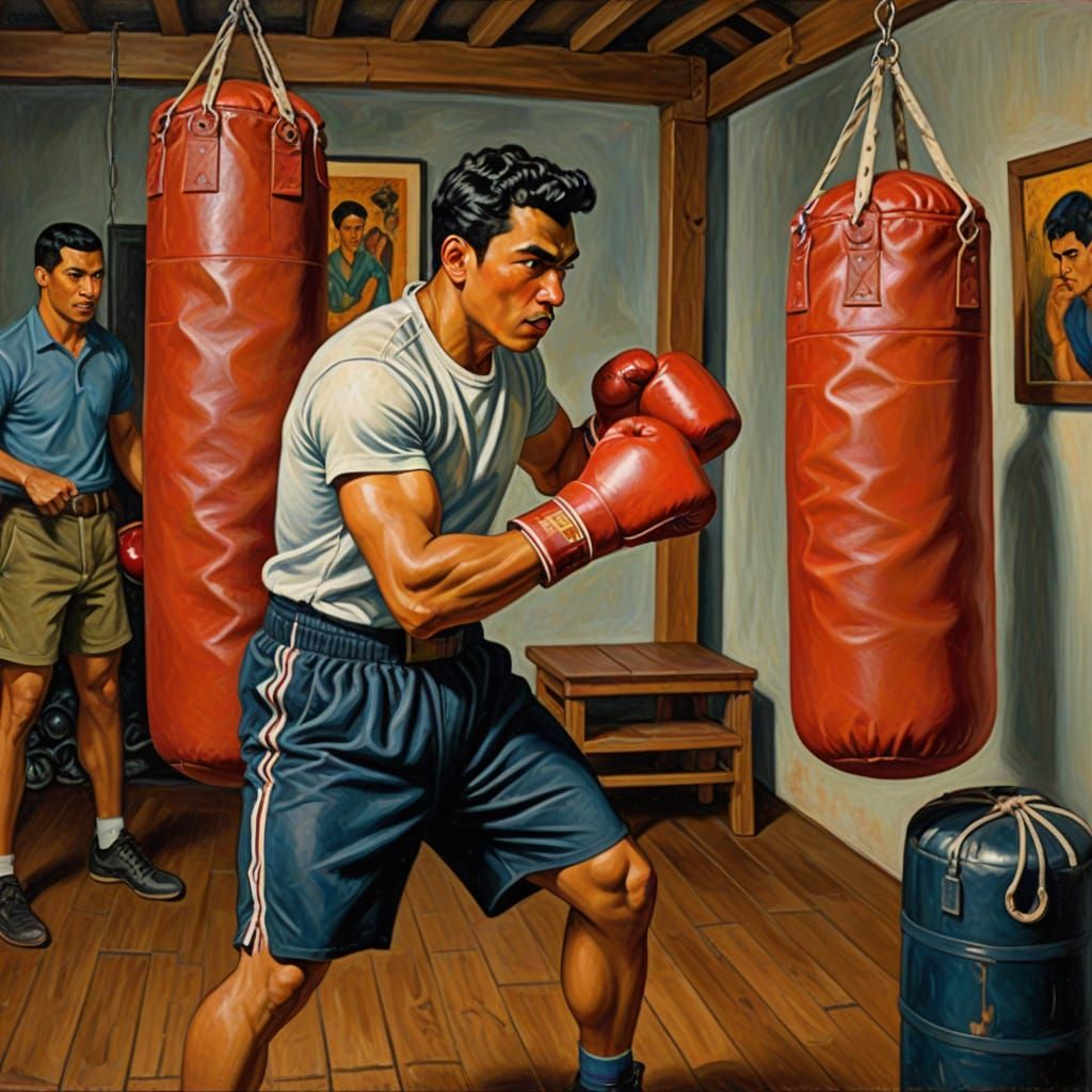 A Latino male wearing boxing gloves in a Texas gym, punching...