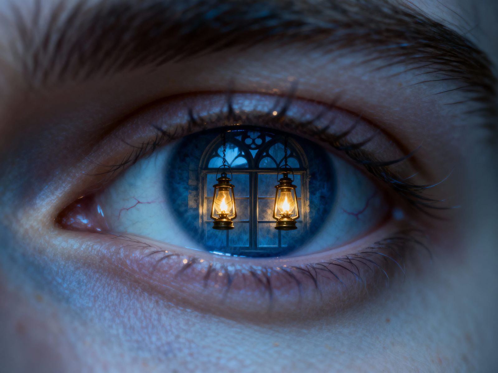 Man's Eyes Reflecting Burning Lanterns in Belfry Window