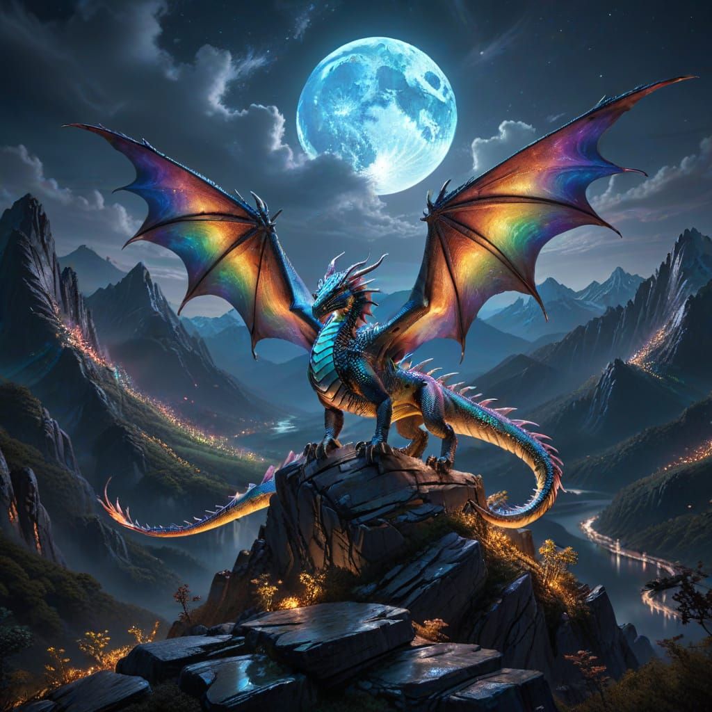 Iridescent Dragon Soars Over Moonlit Valley