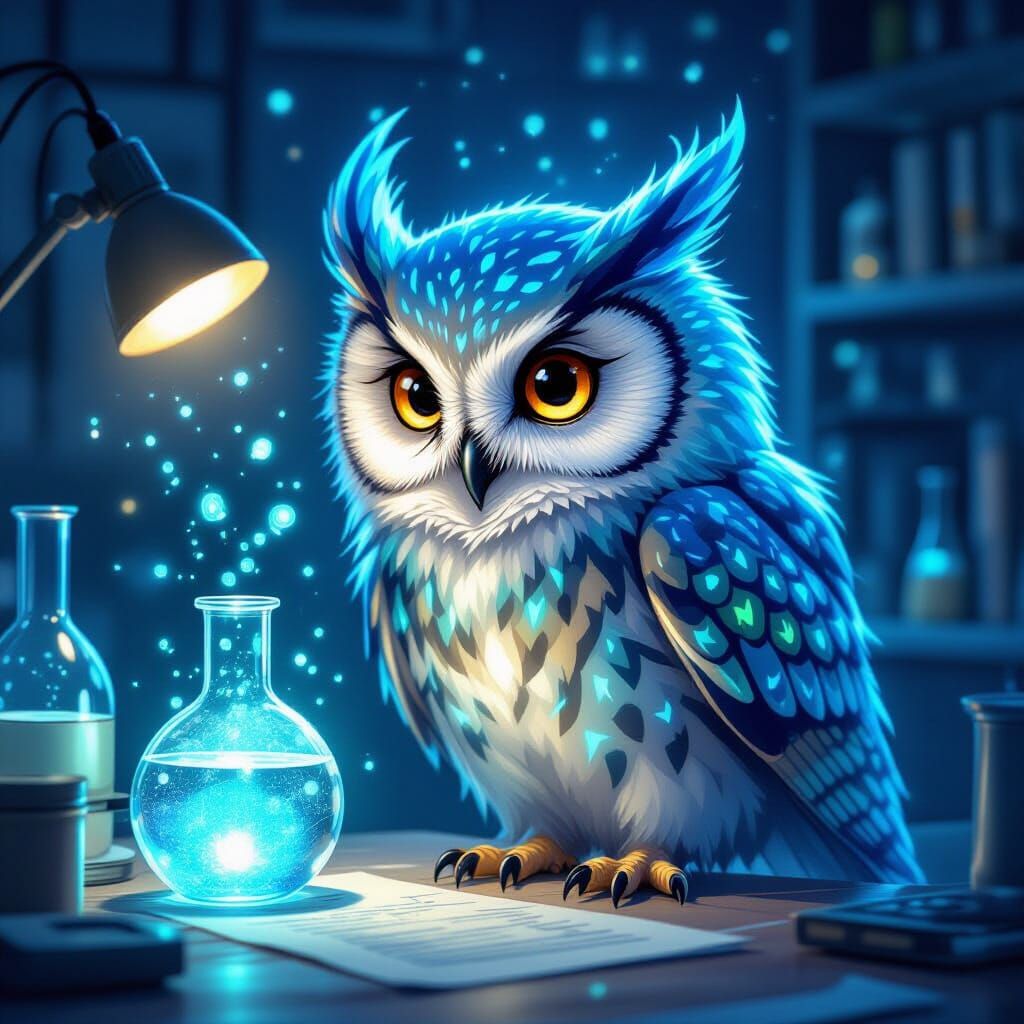 Bioluminescent Owl in a Magical Laboratory