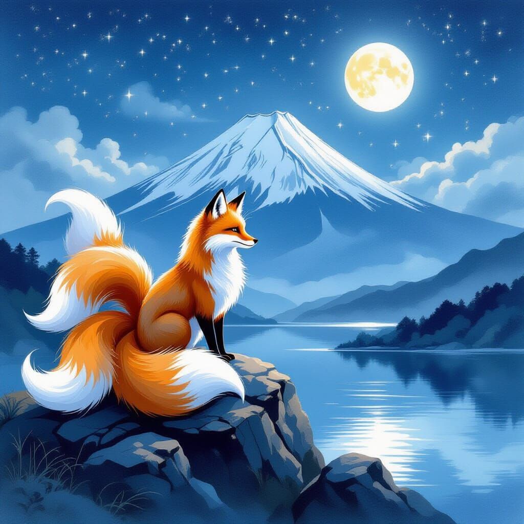 Mystical Nine-Tailed Fox by Moonlight on Mount Fuji