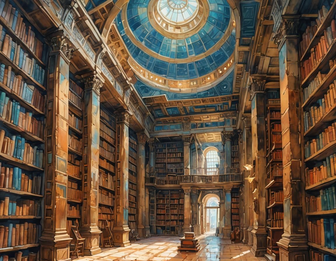 Alexandria Library Interior in Gouache Watercolor Style