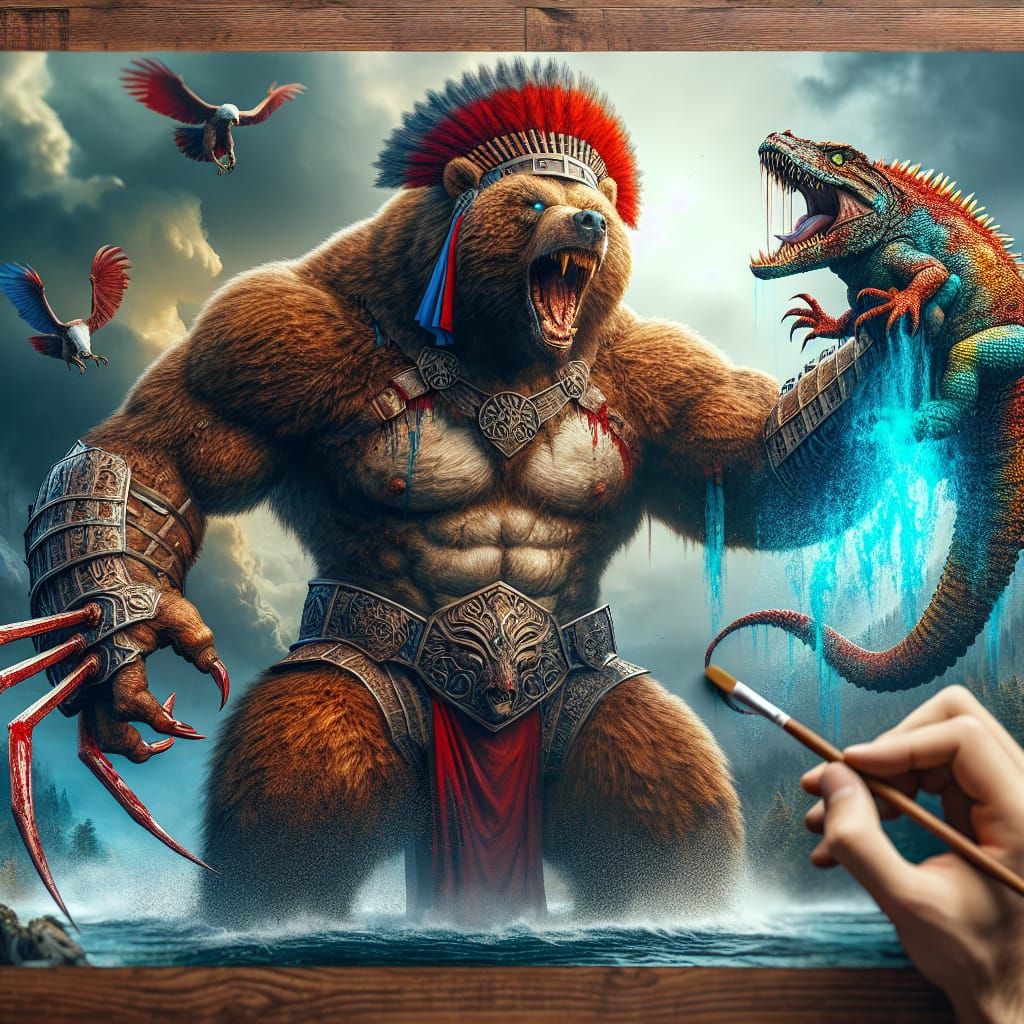 Colossal Werebear Rending Scaled Lizard in Fantasy Art