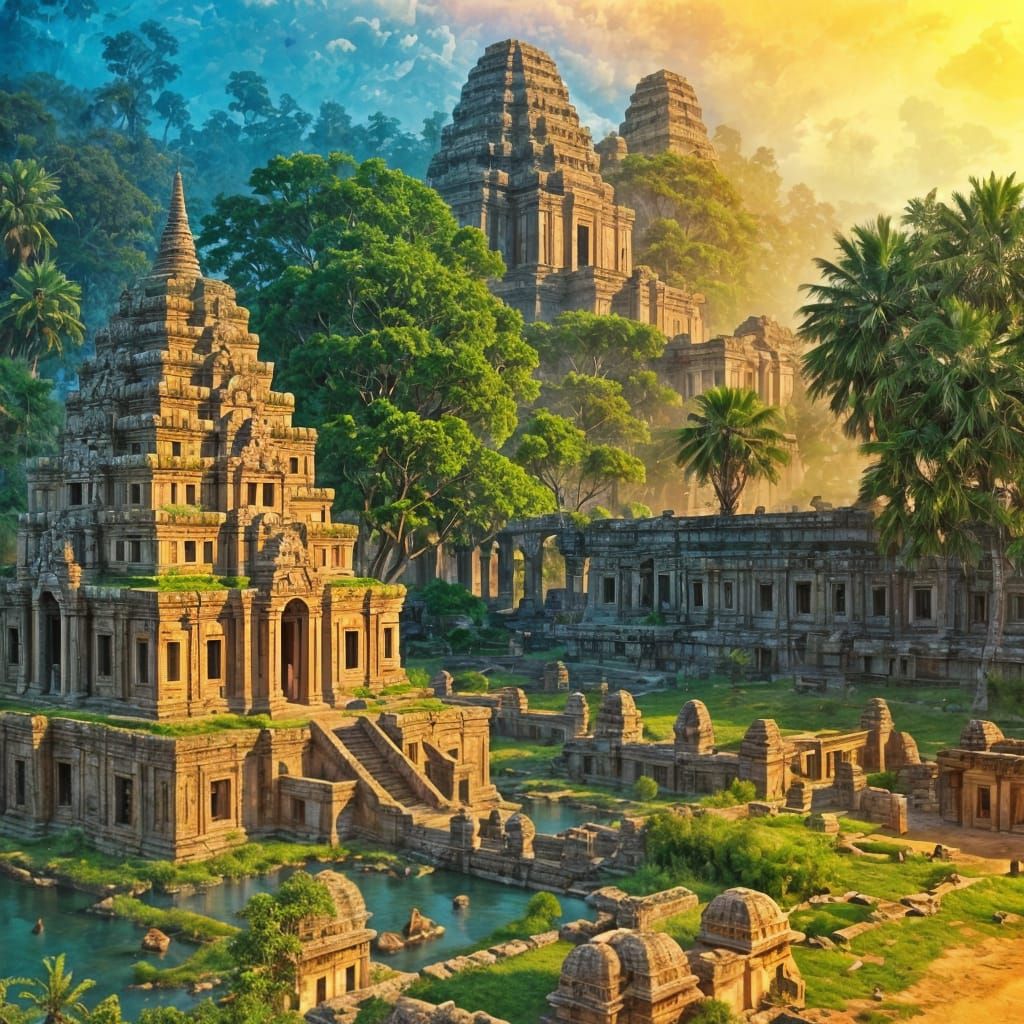 Ancient Khmer Empire Settlement in Painterly Style