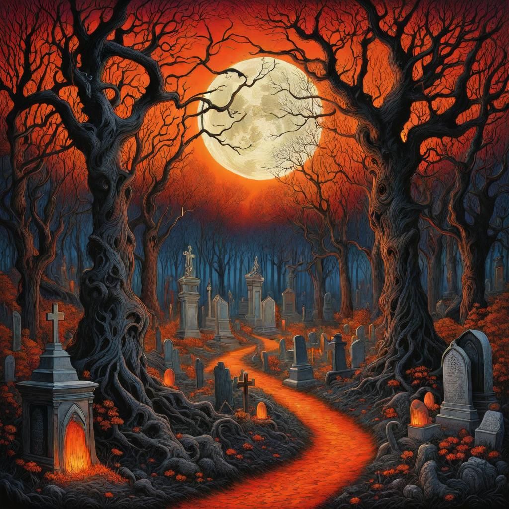 Creepy Gothic Graveyard in Tim Burton Style