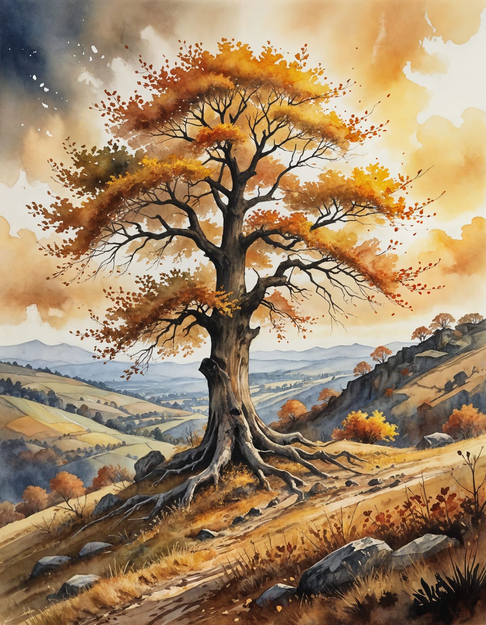 Old Tree in Autumn: Watercolor Alcohol Ink Art