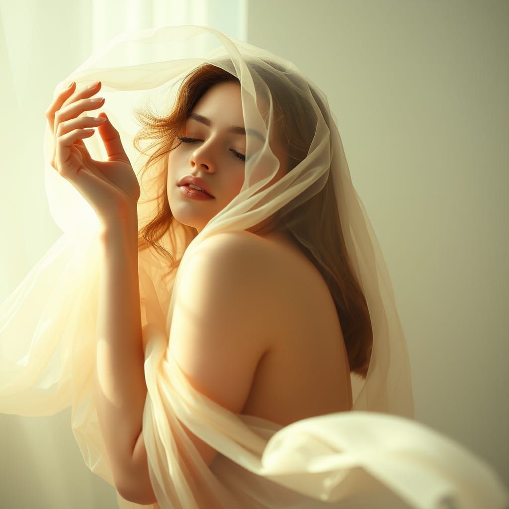 Ethereal Woman in Flowing Fabrics: Dreamy Digital Art