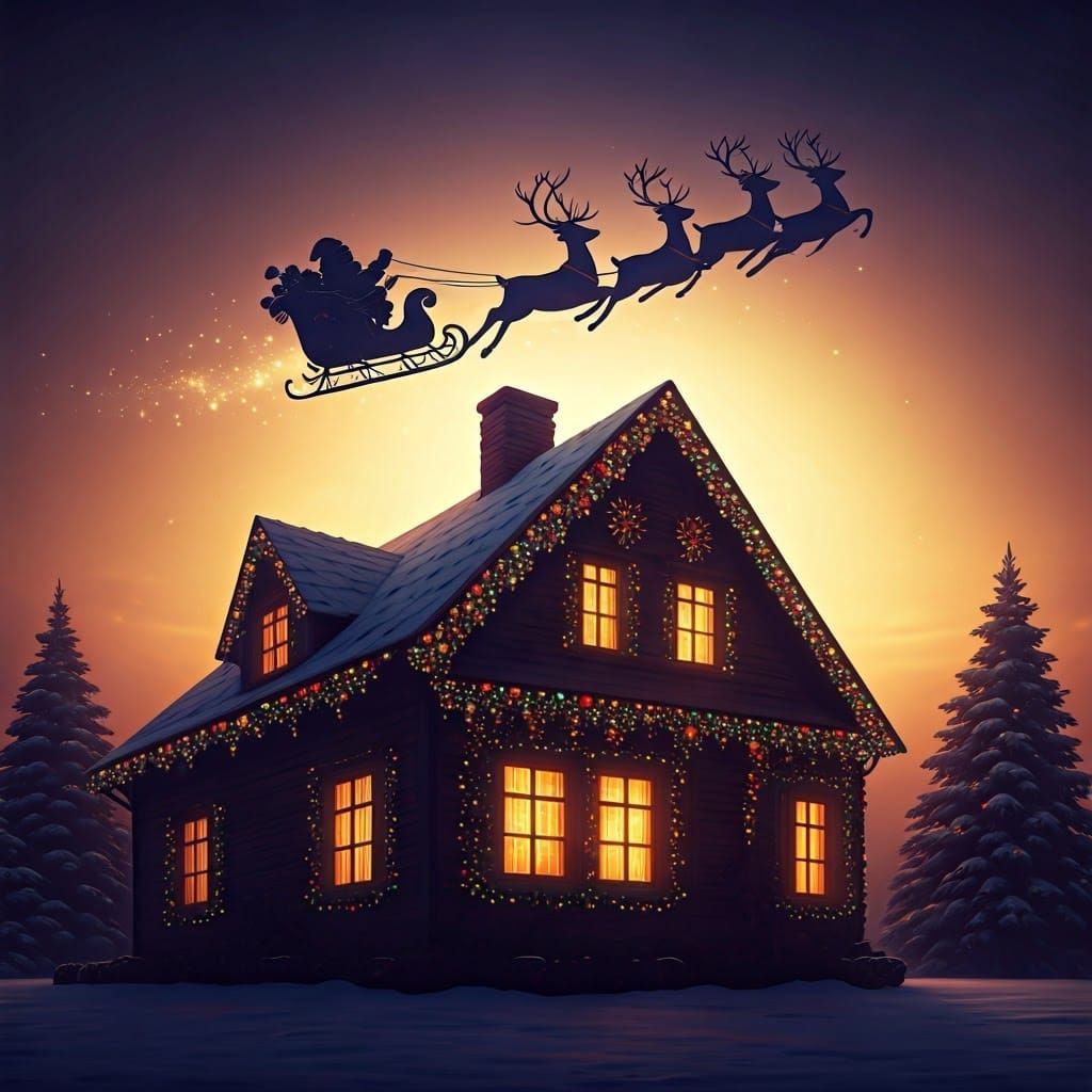 Winter Wonderland House Silhouette with Christmas Lights and...