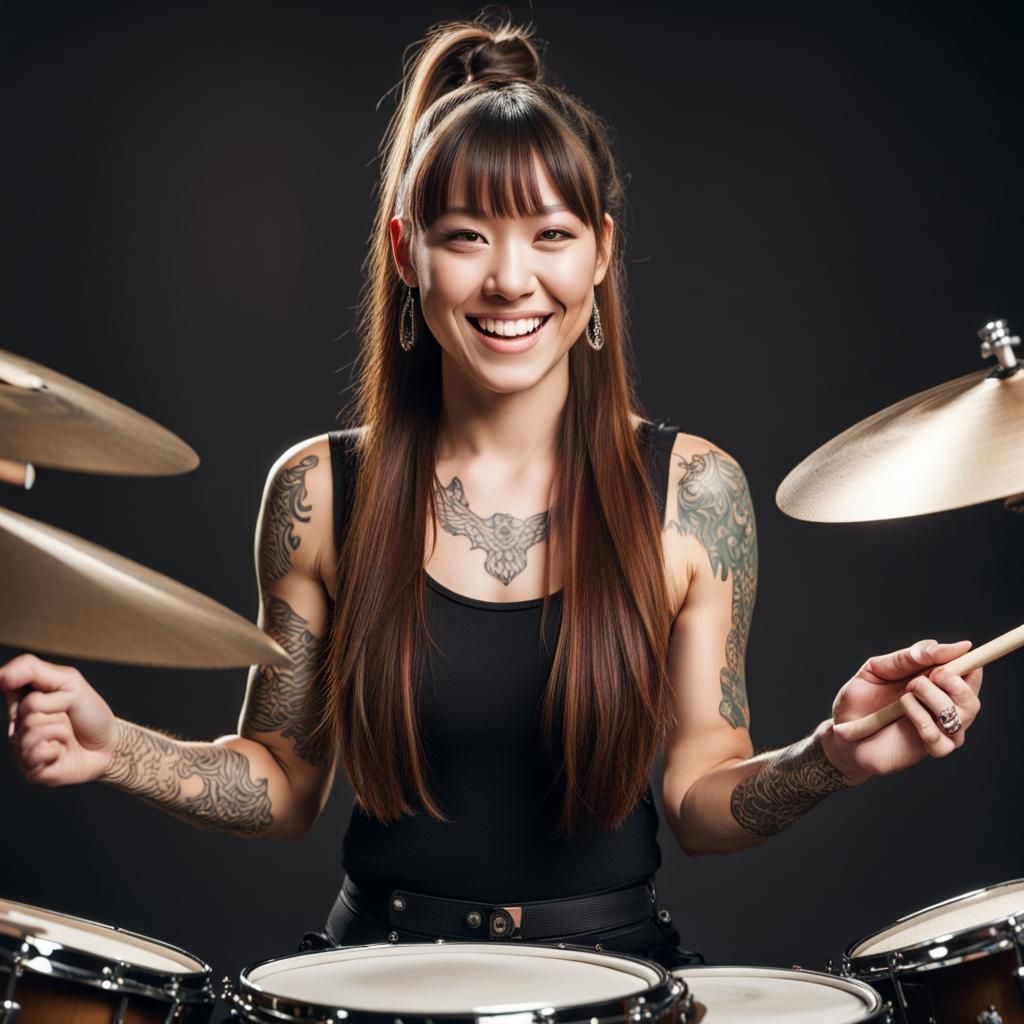 Tattooed Woman Playing Drums and Smiling