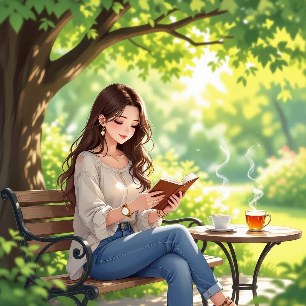 Anime Woman Reading in Sun-Dappled Garden