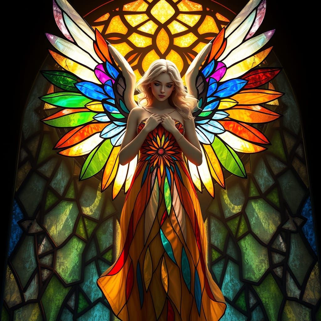 Ethereal Stained Glass Angel Emanates from Vibrant Windows