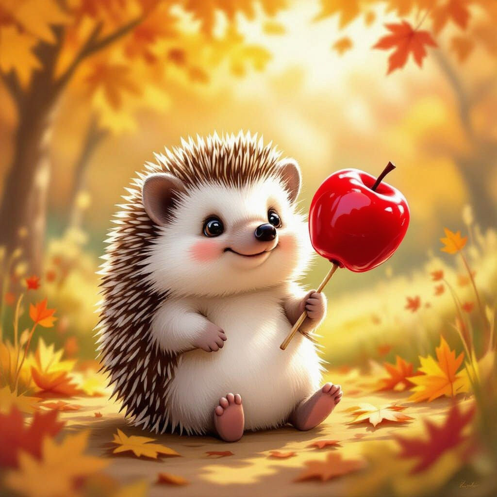 Cute Hedgehog with Caramel Apple on Fall Day