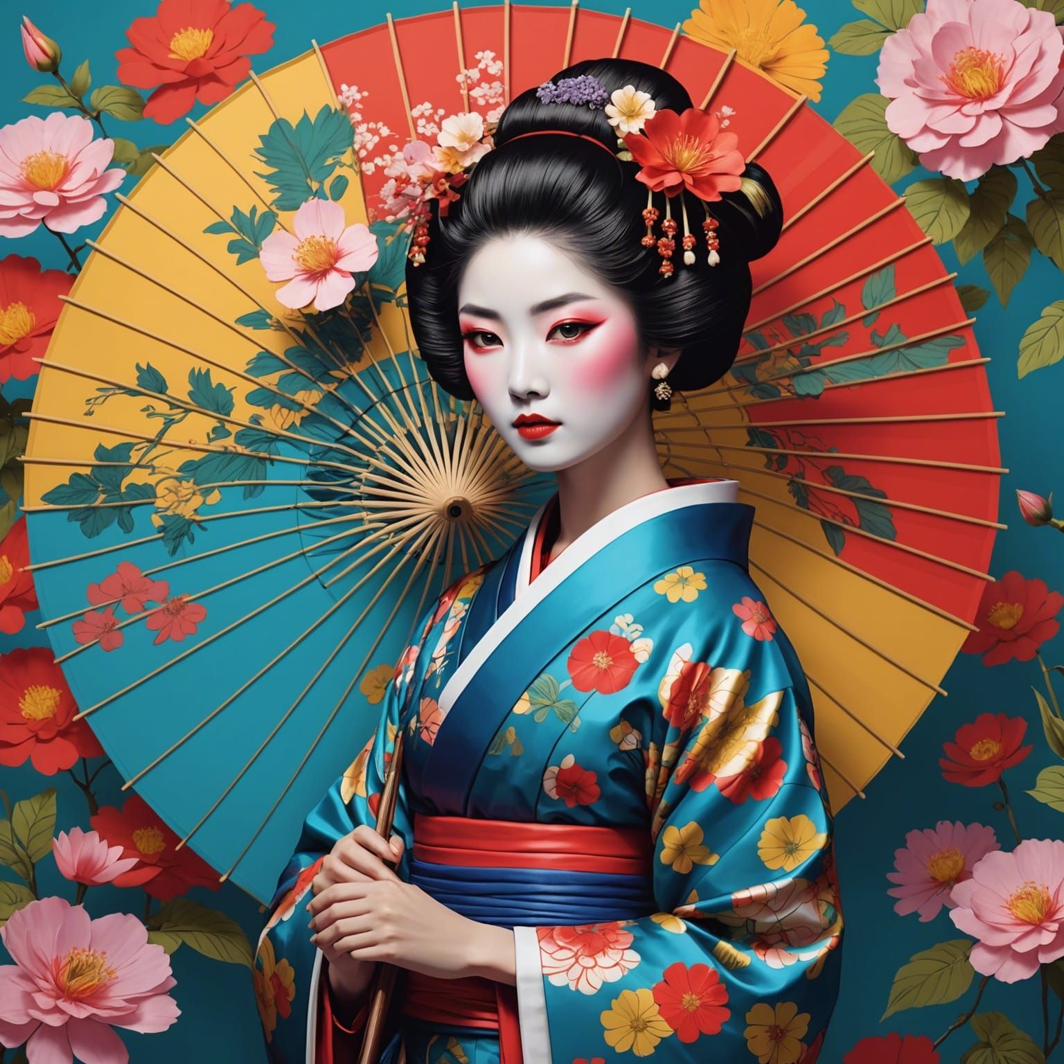Pop Art Geisha with Floral Parasol, Warhol Style