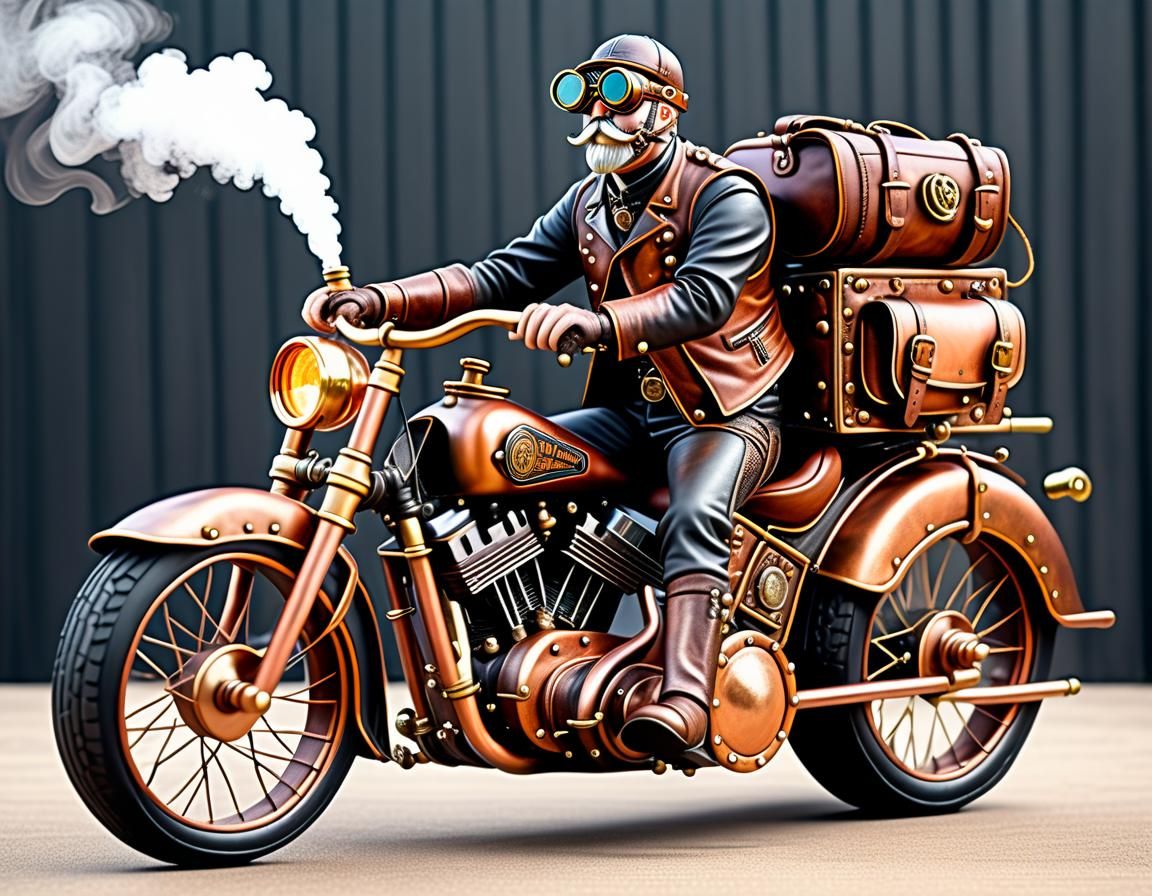 Steampunk Motorcycle and Rider in Comic Style