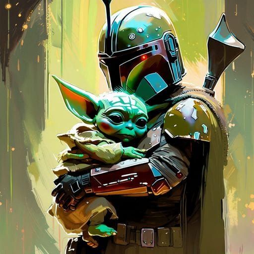 Mandalorian and Baby Yoda Portrait in Historical Style