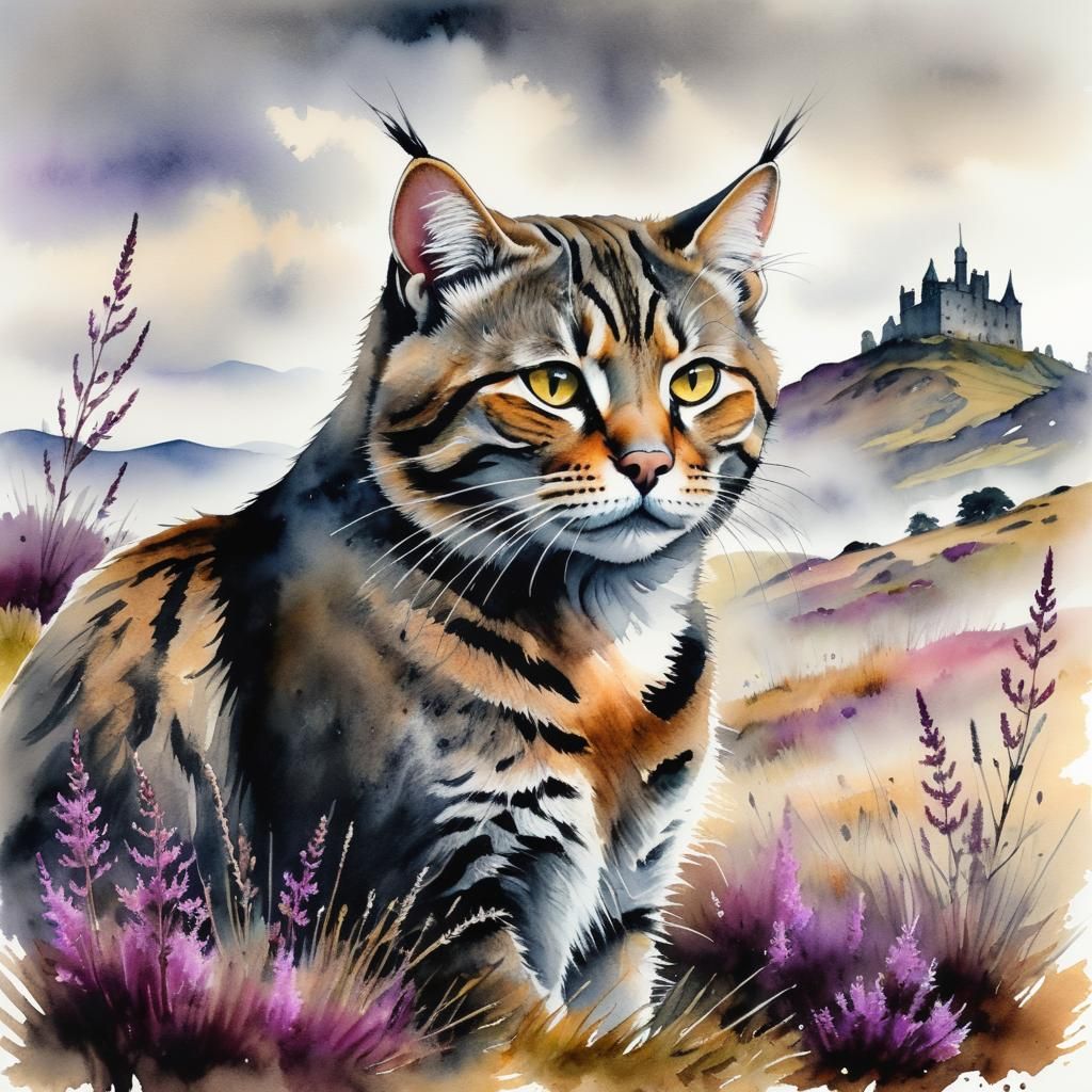 Scottish Wildcat in Misty Highlands: Watercolor and Ink