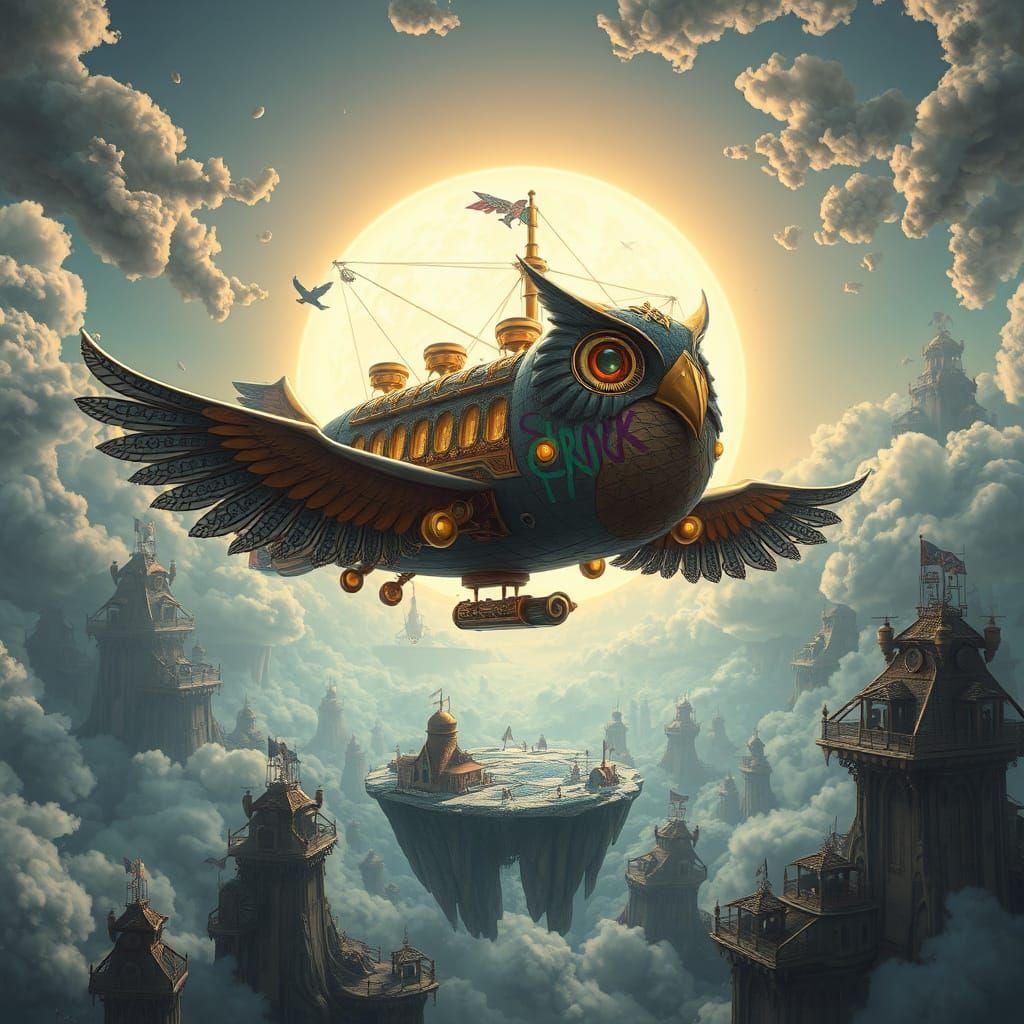 Steampunk Owl Airship Soaring Through Fantasy Sky