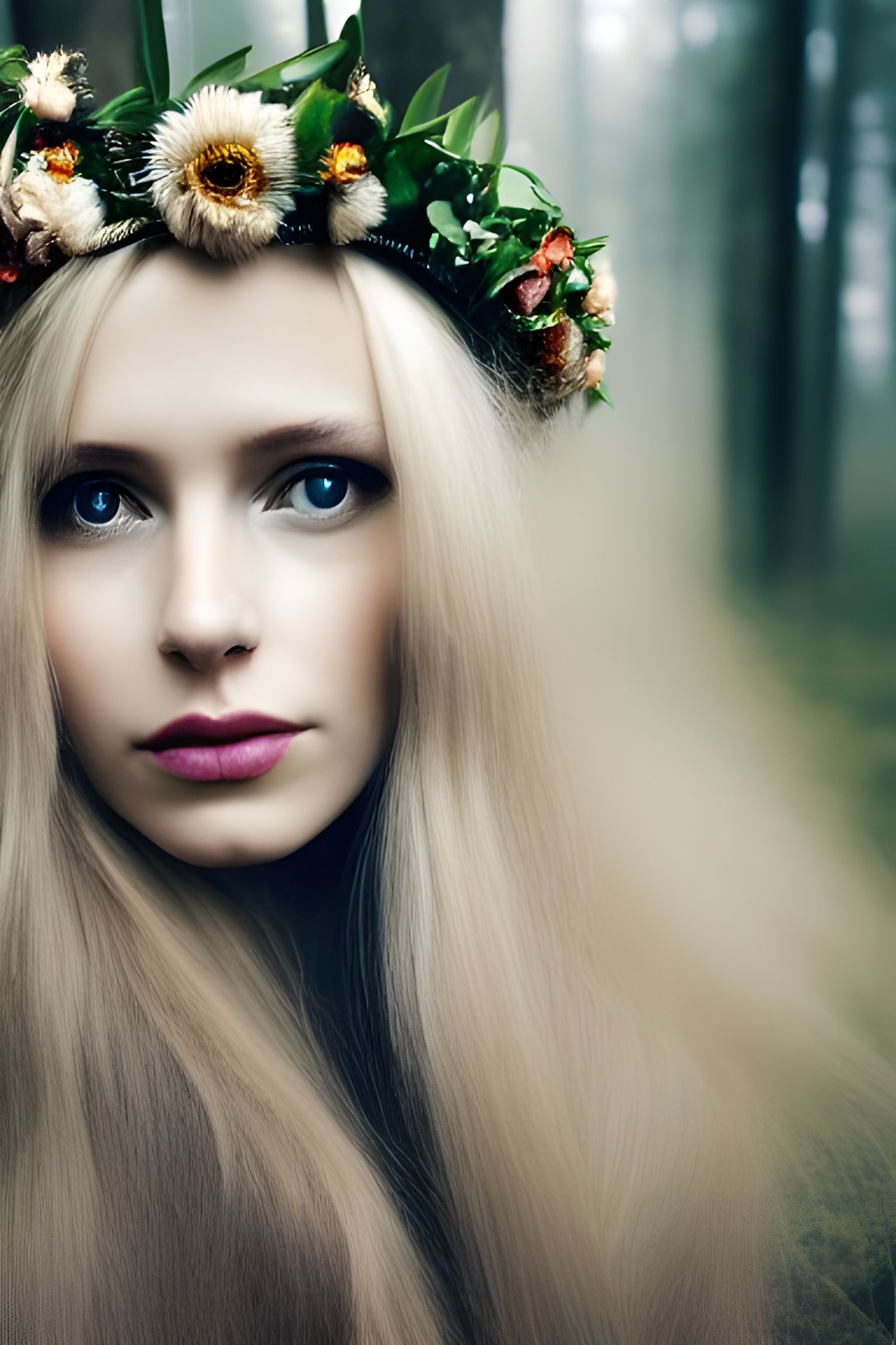 Woman with Flower Crown in Foggy Forest