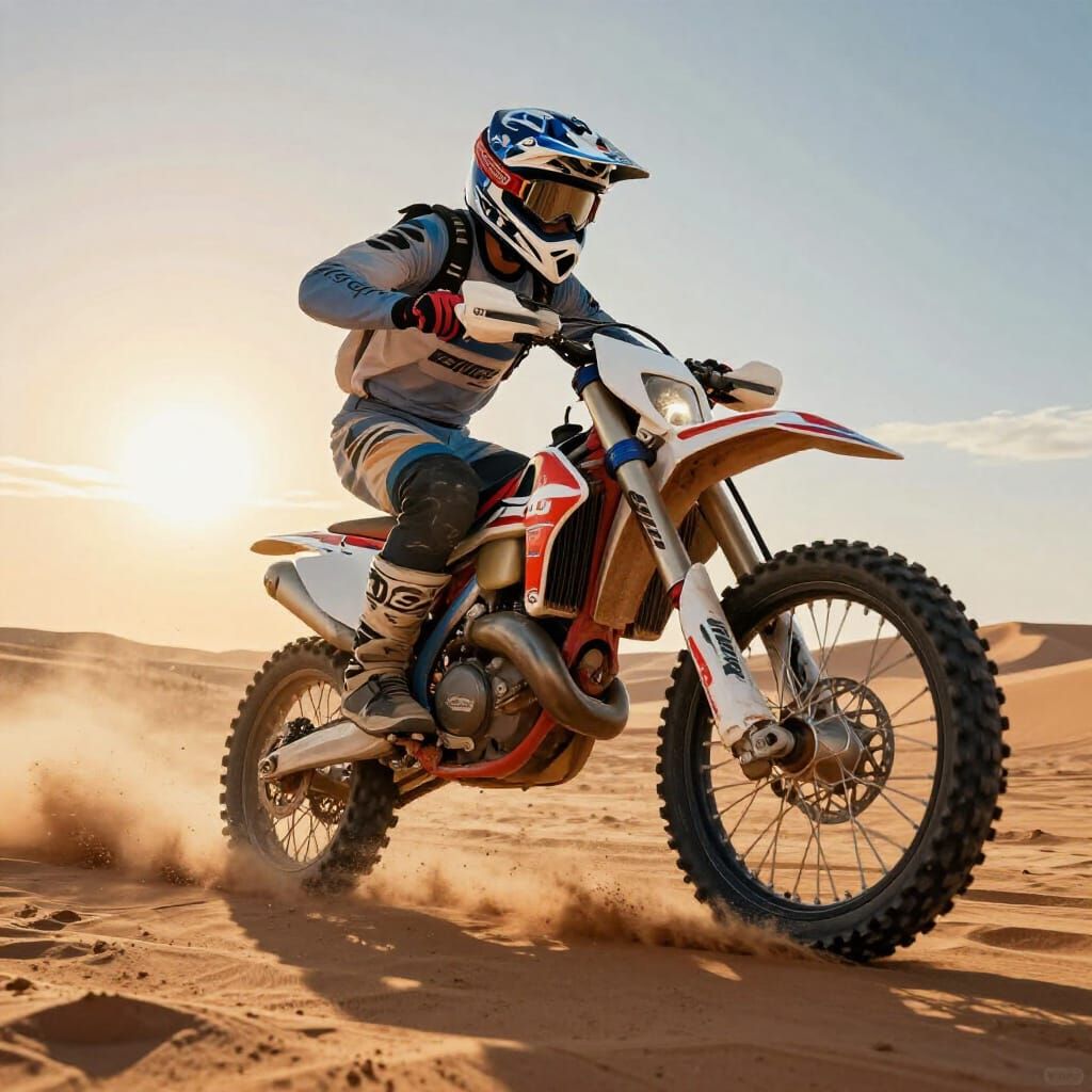 Shark Races Dirt Bike in Desert Sunset Concept Art