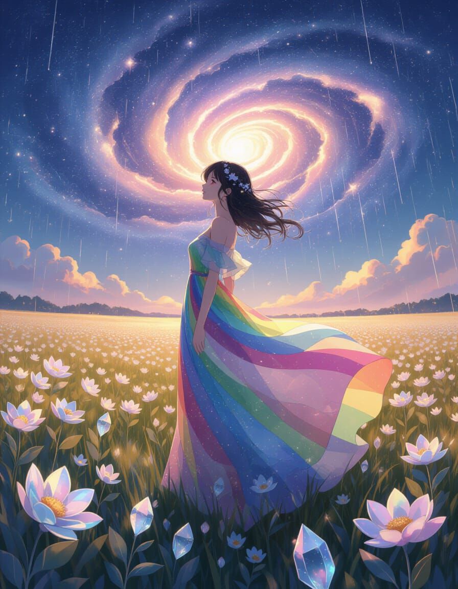 Stardust Woman in Crystal Field: Anime Digital Art