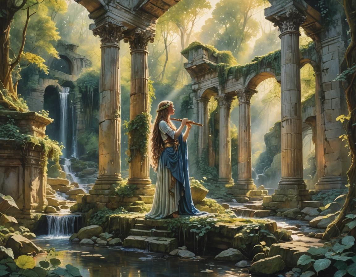 Roman Girl Plays Flute in Temple Ruins