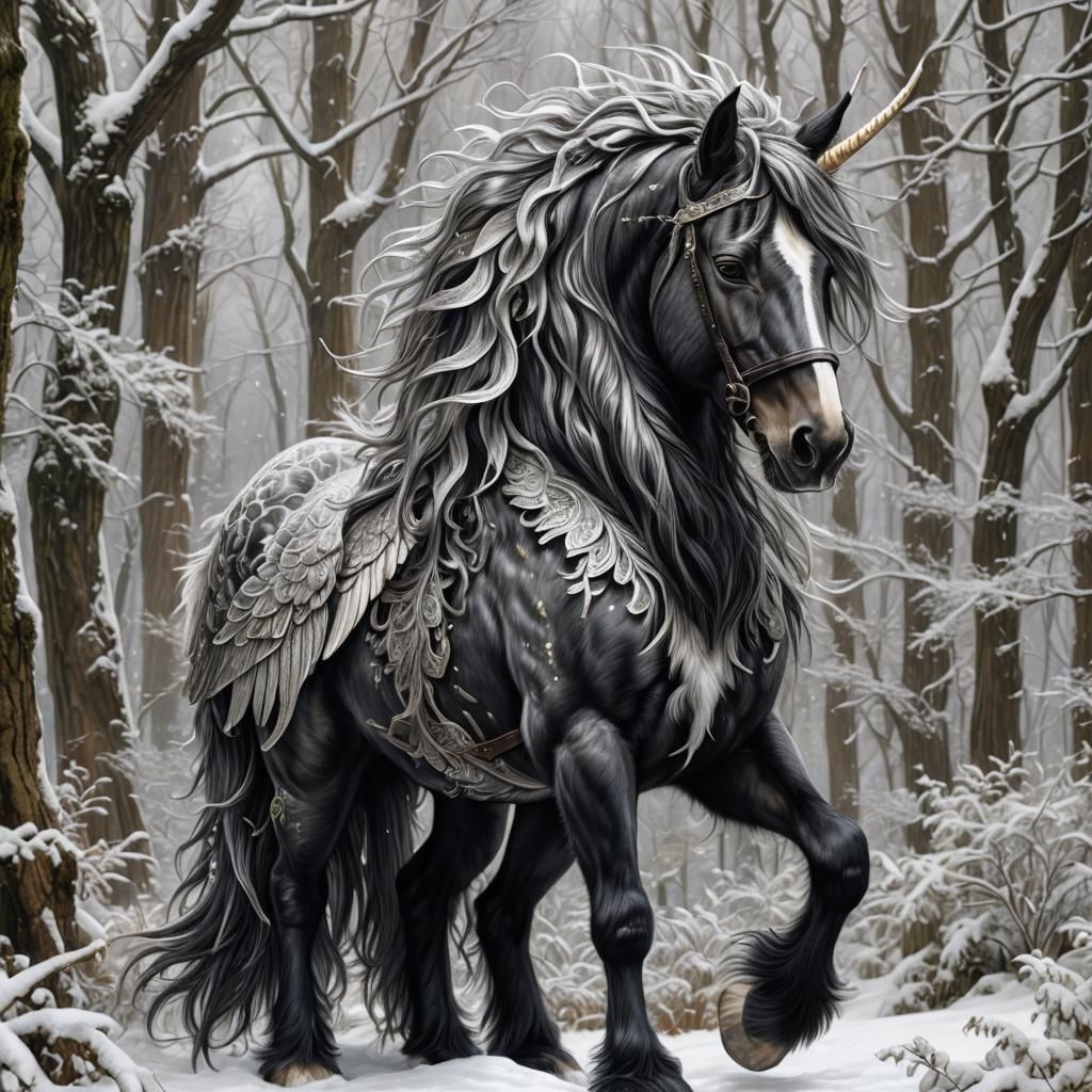 Black Clydesdale Unicorn with Angel Wings, Pencil Sketch