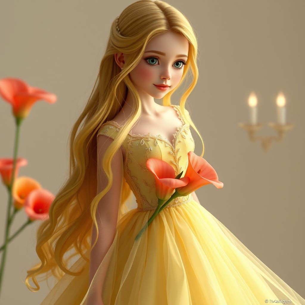 Anime Girl with Calla Lily in Opulent Gown