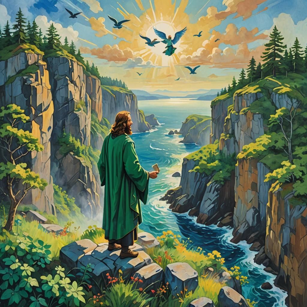 Jesus and Saint Patrick Overlook Serene Landscape as Impasto...