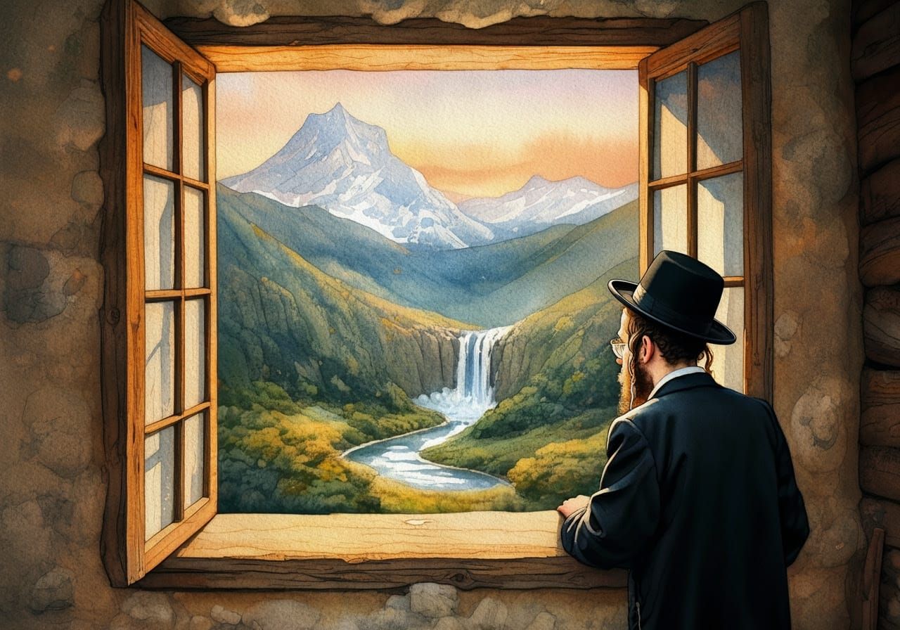Contemplative Haredi Figure Gazing Out at Majestic Snow-Capp...
