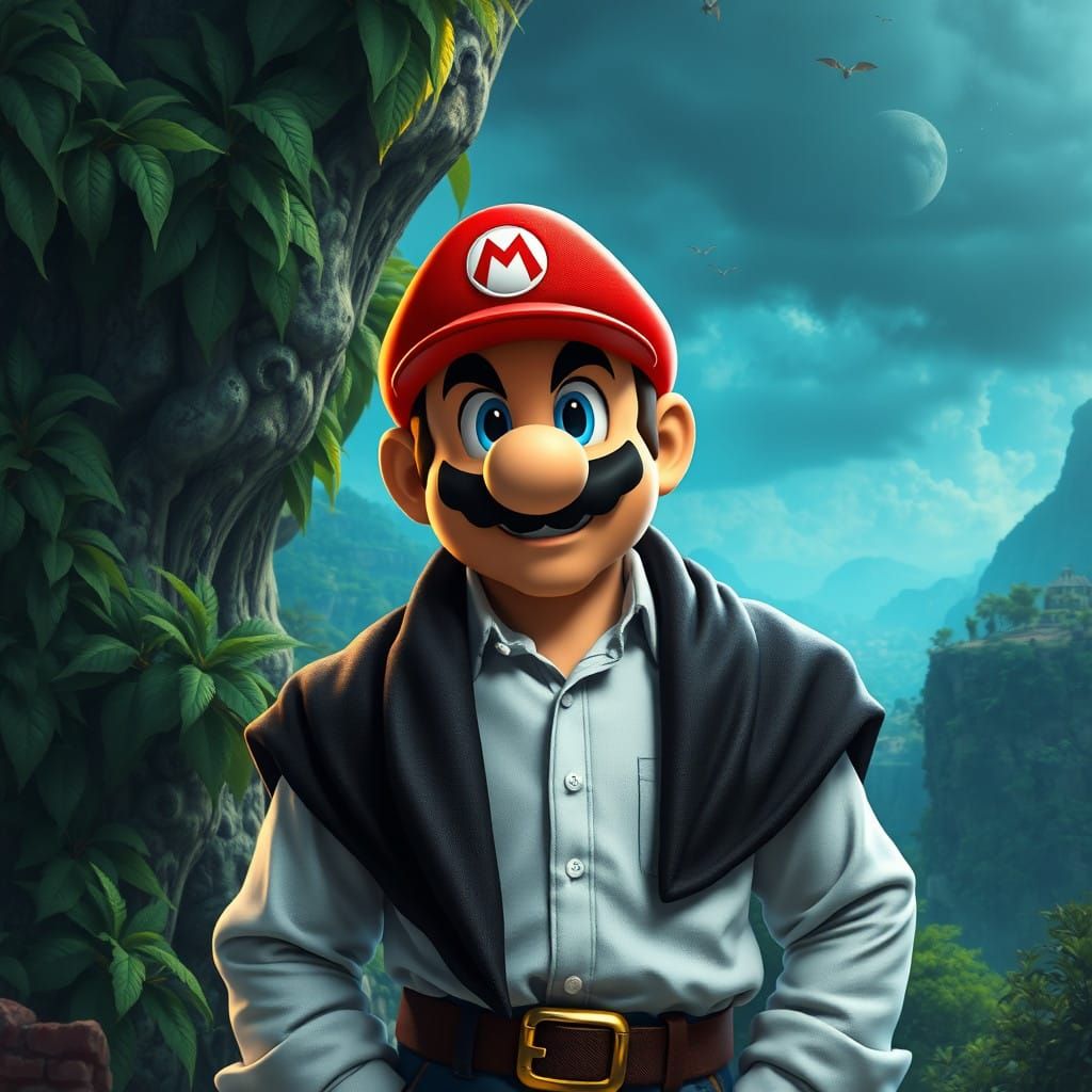 Mario in Fantastical Wonderland, a Detailed Matte Painting i...