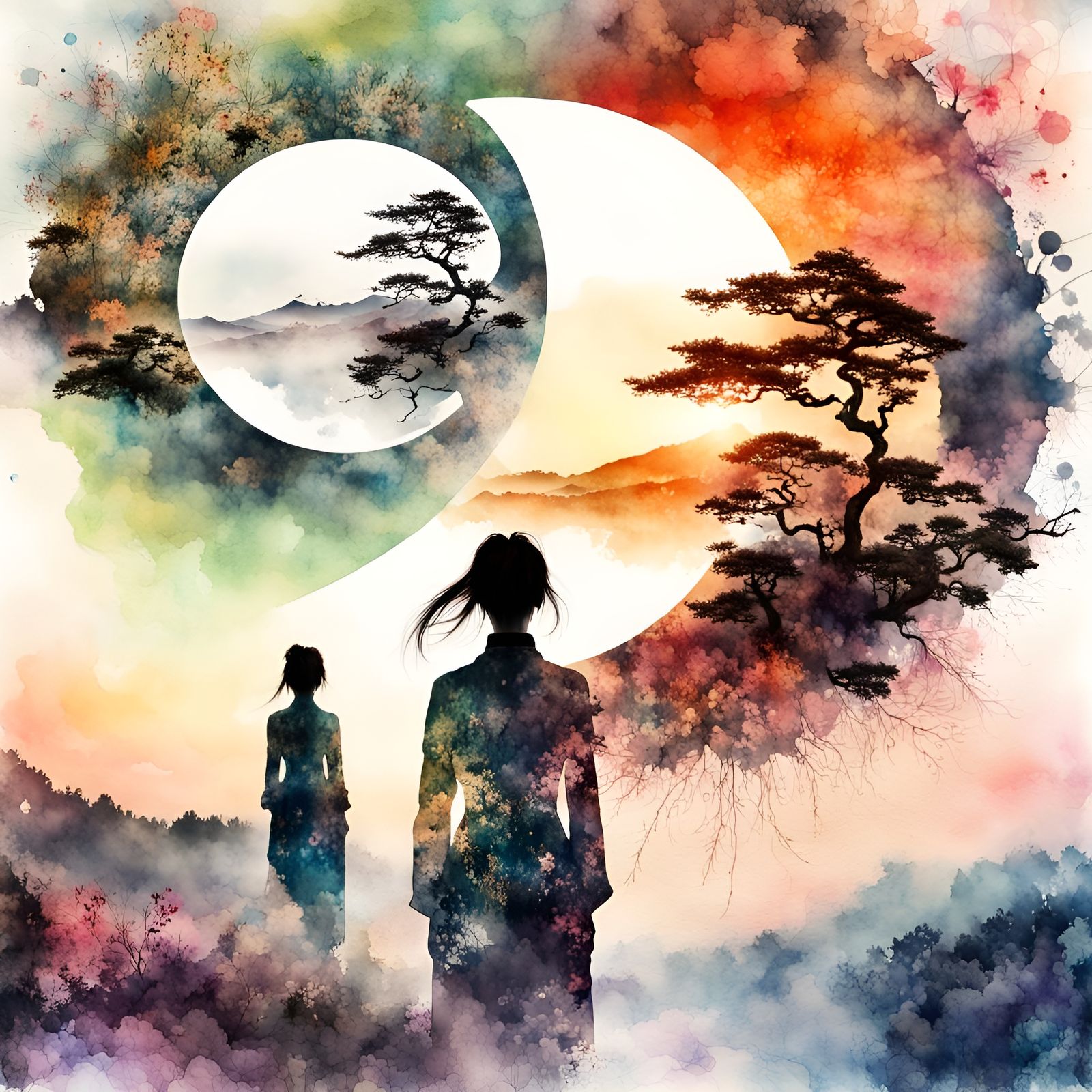 Japanese Landscape Double Exposure Watercolor Art
