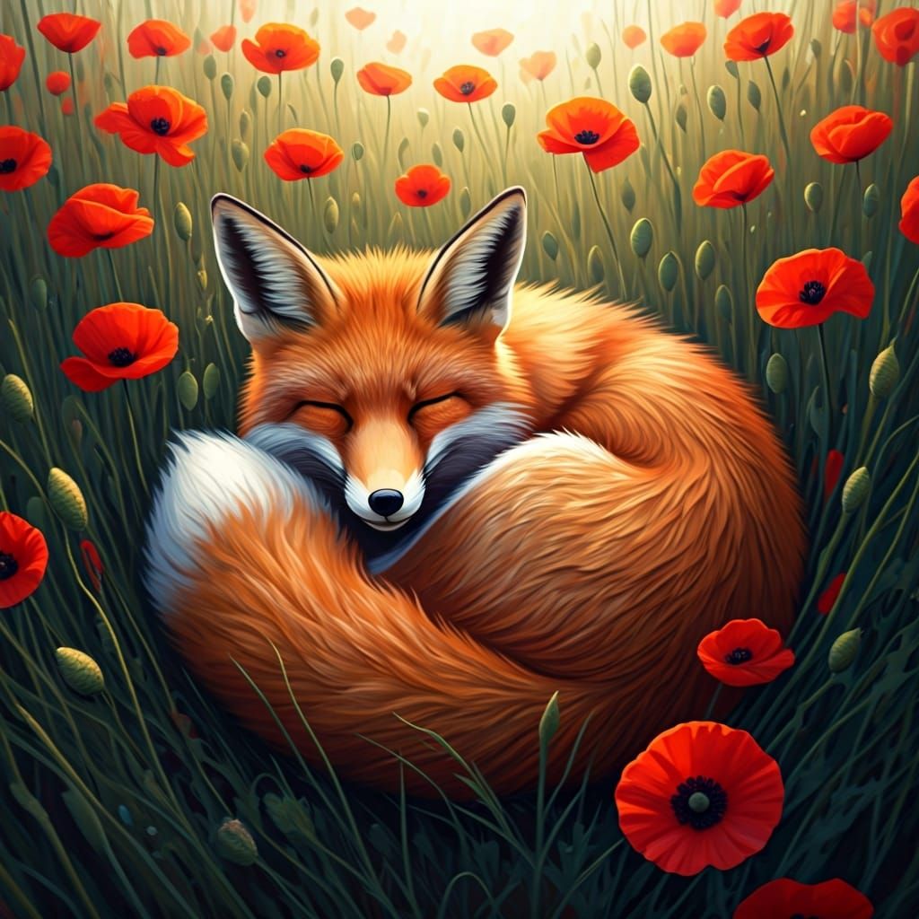 Fox Sleeping in Poppy Field: An Impressionist Dream