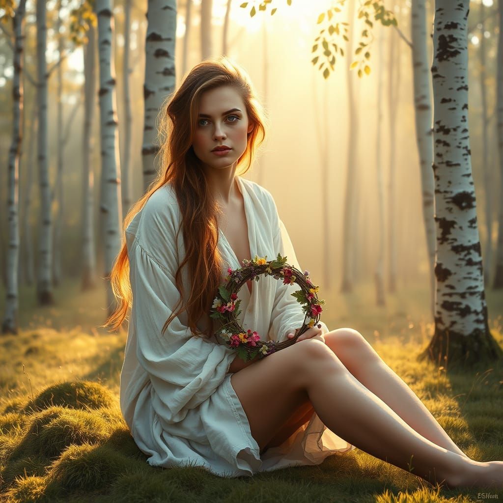 Slavic Woman in Forest at Dawn: Digital Painting