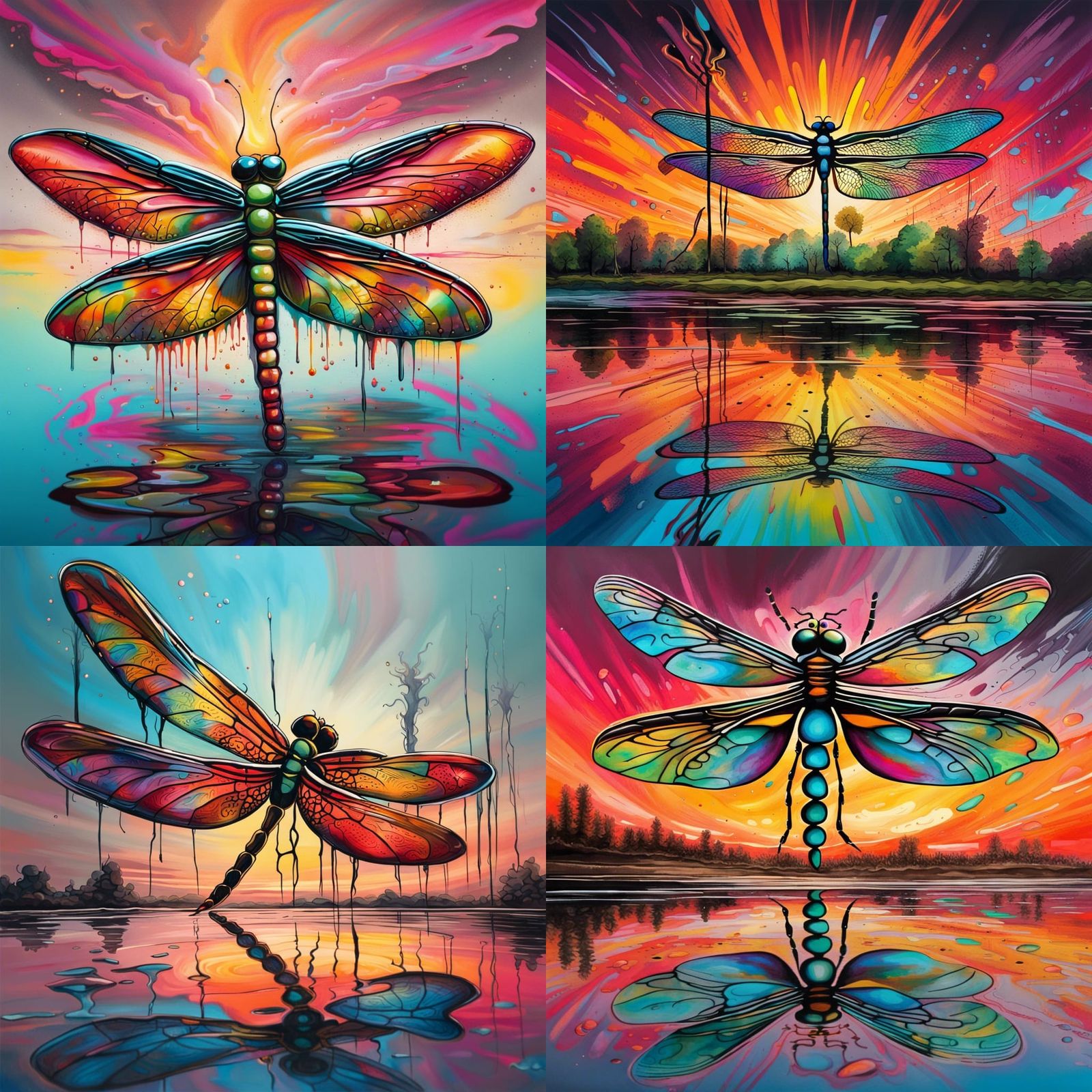 Dragonfly Sunset Reflection in Graffiti Art Style