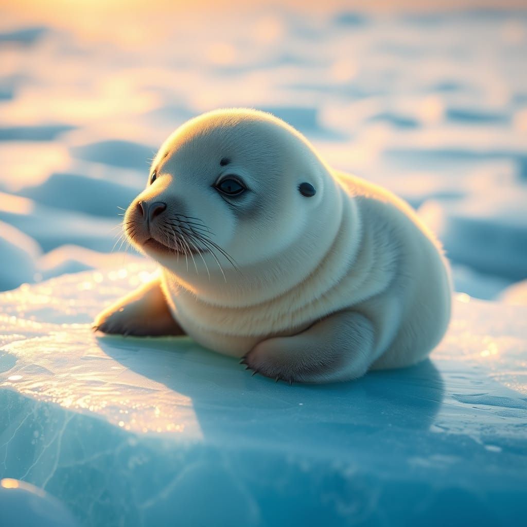 Serenely Wrapped Baby Seal on Glowing Antarctic Iceberg in I...